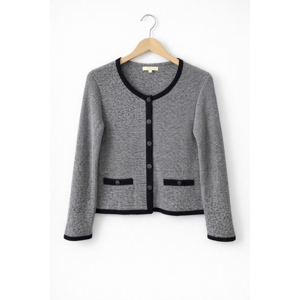 Italian Wool Blend Knit Full Button Cardigan Black & Ivory Made in Italy Size M‎